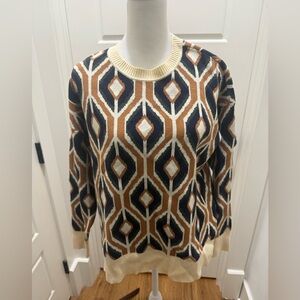 NWT. DR2. Geometric Crewneck Intarsia Sweater. Taupe/Inkwell. Size Small.